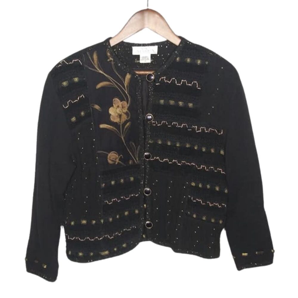 Sandy Starkman Black & Gold Floral Pattern Grandma Cardigan Sz Small